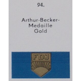 Arthur Becker Medal of the FDJ in gold Ribbon slide, new Style, printed