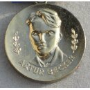 Arthur-Becker-Medal of the FDJ, gold 12d, 1985-89, Iron, Brass plated, with Ribbon Bar