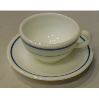Pyrex Restaurant Tableware, white w. blue Stripes Coffe Cup, large with Plate