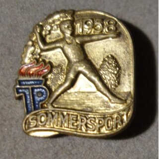 JP Summer Sports Badge 1958, gold coloured Iron, painted