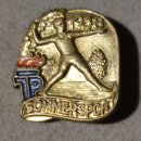 JP Summer Sports Badge 1958, gold coloured Iron, painted