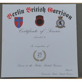 Certificate of Service for  25 Years to the Berlin British Garrison