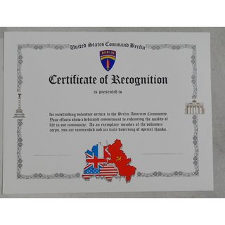 United States Command Berlin -  Certificate of Recognition
