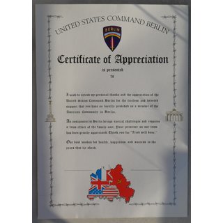 United States Command Berlin -  Certificate of Appreciation