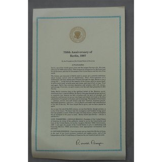 Presidential Proclamation 750th Anniversary of Berlin by R. Reagan, Urkunde